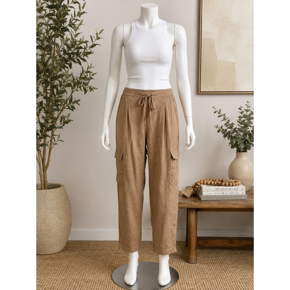 KUT From The Kloth Linen Cargo Pants Size 2 Tan Drawstring Utility - Picture 2 of 11